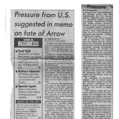 Pressure from US suggested in memo on fate of Arrow