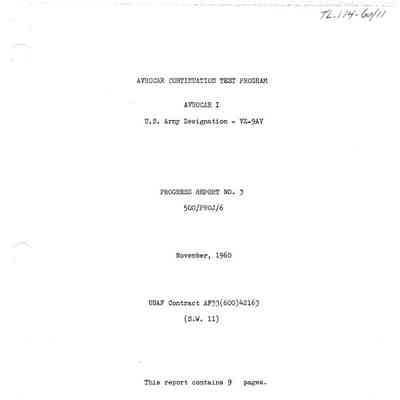 Avrocar Continuation Test Program Avrocar 1, U.S. Army Designation VZ-9AV, Progress Report No. 3 500/PROG/6