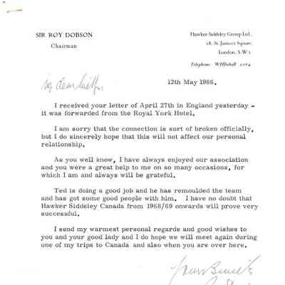 Personal letter from Sir Roy Dobson to W.A.Curtis