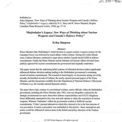 Defenbhaker's Legacy: New Ways of Thinking about Nuclear Weapons and Canada's Defence Policy