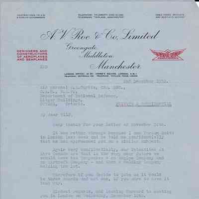 Letter from Roy Dobson to Air Marshal Curtis
