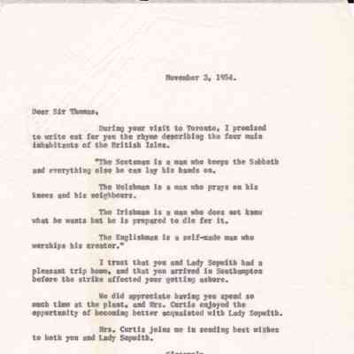 Personal letter from W.A.Curtis to Sir Thomas Sopwith
