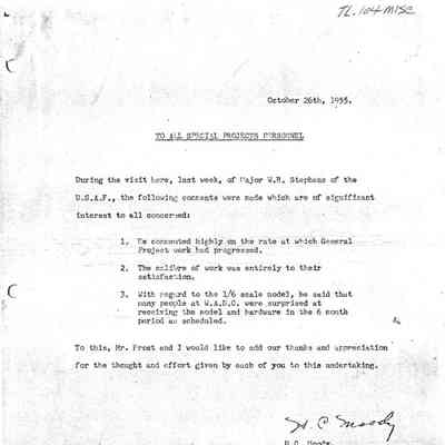 Memo to all Special Projects Personnel RE: visit of Major W.R. Stephens of the USAF