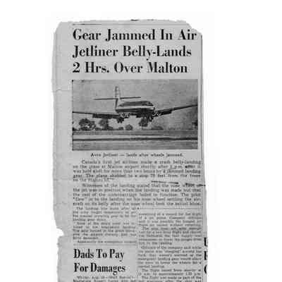 Gear Jammed in Air Jetliner Belly-Lands 2 Hrs. Over Malton