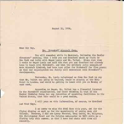 Letter from W.A.Curtis to Sir Roy Dobson re. Stroukoff Aircraft Corp.