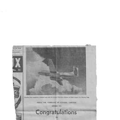 Shell Oil Company of Canada Limited offers its Congratulations to Avro Canada on the success of the first test flight of the jet-powered airliner in North America