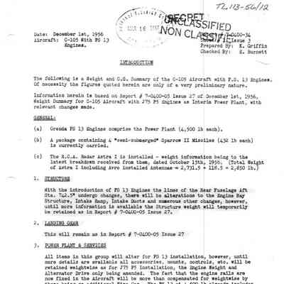 CF-105 Weight and Balance and C0f G Summary with PS13 Engines