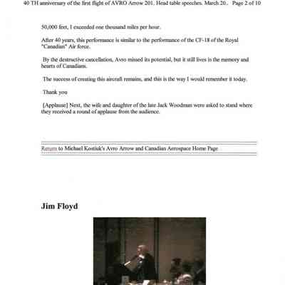 Written transcript of speech given by Jim Floyd at 40th Anniversary of 1st Flight of Arrow