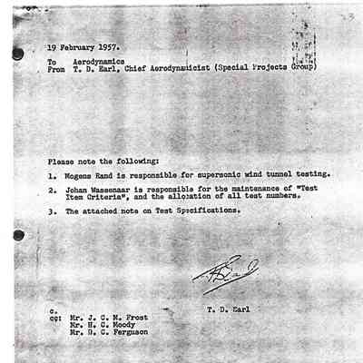 Letter from T.D. Earl to Aerodynamics lising personnel changes Feb/57