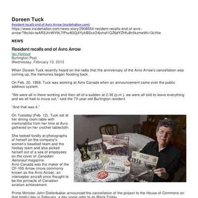 Resident recalls end of Avro Arrow - Doreen Tuck