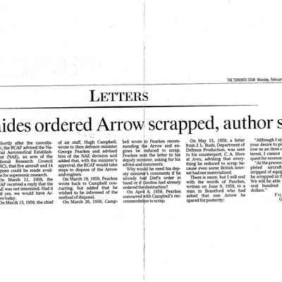 Defence aides ordered the Arrow scrapped, author says.
