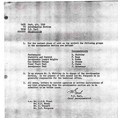 memo to Aerodynamics Section from T.D. Earl, Chief Aerodynamicist on "Organization"