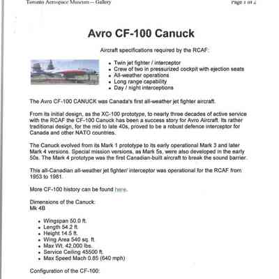 Avro CF-100 Canuck Aircraft Specification acquired by the RCAF