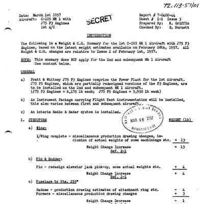 CF-105 Weight and Balance and Cof G Summary for 1st CF-105 MK1 Aircraft with J75 P3 Engines Issue 3 Report #7-0400-44