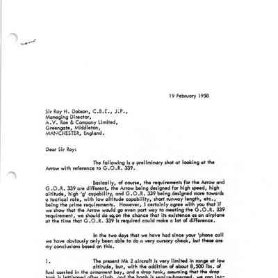 Letter to Sir Roy Dobson from Jim Floyd re: Requirements for Arrow and G.O.R. 339
