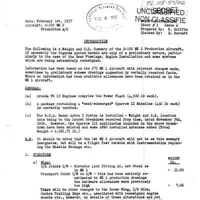 CF-105 Weight and Balance and Cof G Calculations for MK2 Production Aircraft (Preliminary)