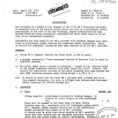 CF-105 Preliminary Weight and Balance and CofG Calculations for Mark 2 Production Aircraft
