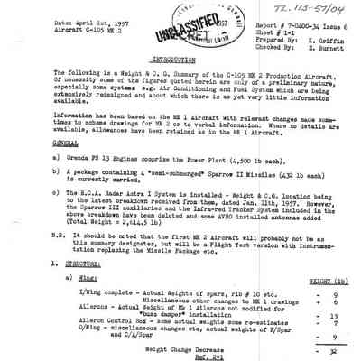 Cf-105 Preliminary Weight and Balance and CofG Calculations for Mark 2 Production Aircraft per Issue 6