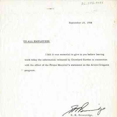 Crawford Gordon's statement on Prime Minister Diefenbaker's Announcement on Arrow 24 Sep 1958