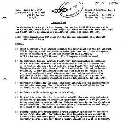CF-105 Weight and CofG Summary for 1st Mark 1 Aircraft with J75 P3 Engines Per Issue 4