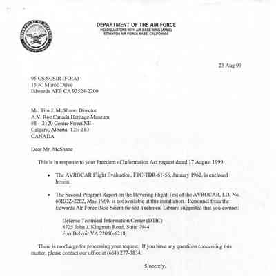 Avrocar Flight Evaluation, Air Force Flight Test Center, Edwards Air Force Base, California, Air Force Systems Command, United States Airforce