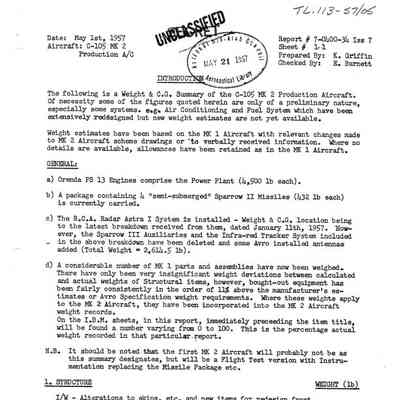 Cf-105 Weight and Balance Summary Per Issue 7 for Mark 2 Aircraft