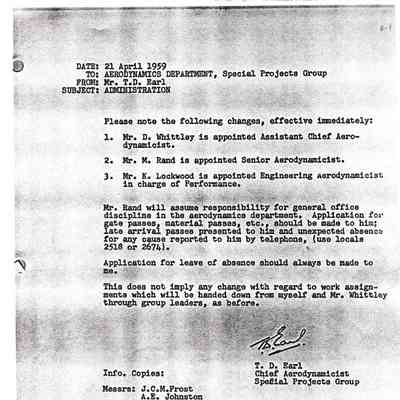 Memo to Aerodynamics Dept, Special Projects Group Re: Administration
