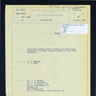 Supersonic wind tunnel tests on the effects of engine-off operation on lateral characteristics of the C-105 aircraft. Report AE-46e HSAL-M-59