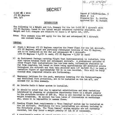 CF-105 Weight and Balance Summary for 1st Mark 1 Aircraft with J75 P3 Engines per Issue 5