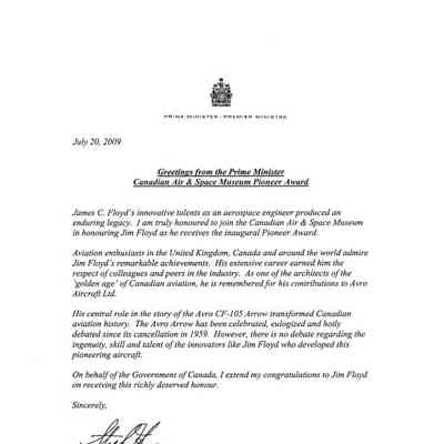Greeting from the Prime Minister - Canadian Air & Space Museum Pioneer Award - letter re Jim Floyd receiving the inaugural Pioneer Award