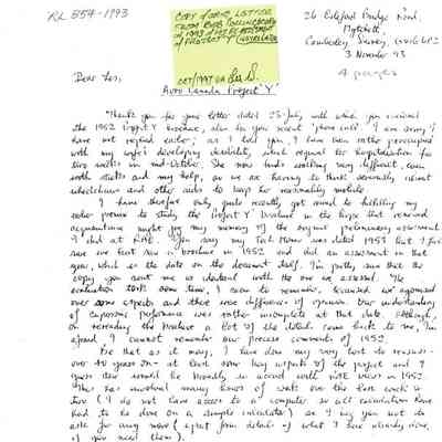 Correspondence from Bob Collingbourn to Les Wilkinson on Project Y