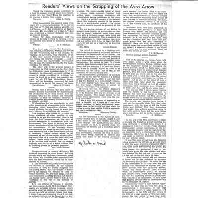 Readers views on the scrapping of the Avro Arrow