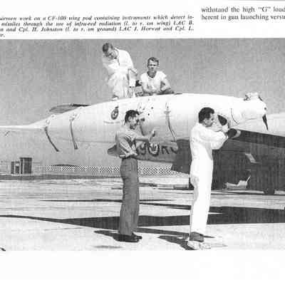 CF-100 image showing wing pod containing instruments which detect incoming missiles through the use of infra-red radiation & image of Velvet glove