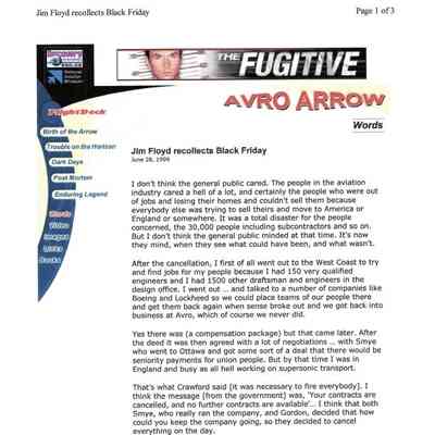 Avro Arrow - Jim Floyd recollections Black Friday