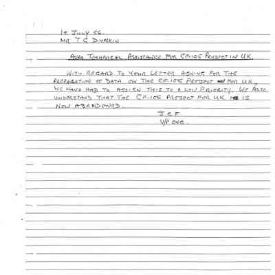 JCF letter to T.G. Dunkin - RE: Technical assistance for CF-105 project in UK