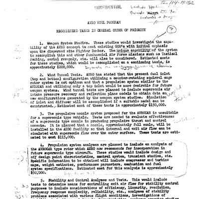 3 reports on AVRO VTOL Program. Avro VTOL Program Remmended taskings in general order of priority. Observations concerning the Avro Circular Platform aircraft. Review of PV-704/606A Program
