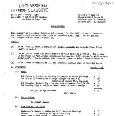 CF-105 with J75 Engines as interim Power Plant revised Weight and C.G. Summary issue 22