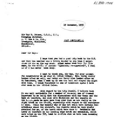 Letter from Jim Floyd to Sir Roy Dobson re: Visit to A.V.Roe UK
