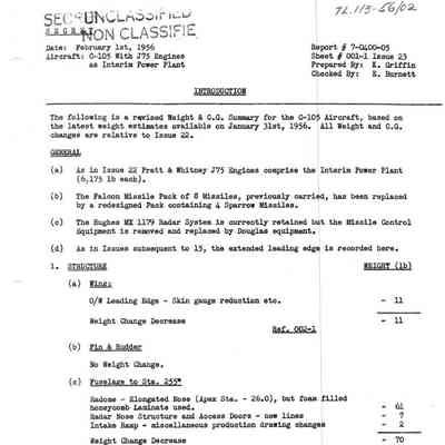 CF-105 with J75 Engines as interim Power Plant revised Weight and C.G. Summary issue 23