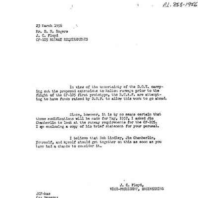 JCF letter to Don Rogers discussing runway requirements for the CF-105