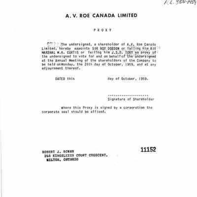A.V.Roe Canada Limited Proxy letter for 1959 Annual Meeting