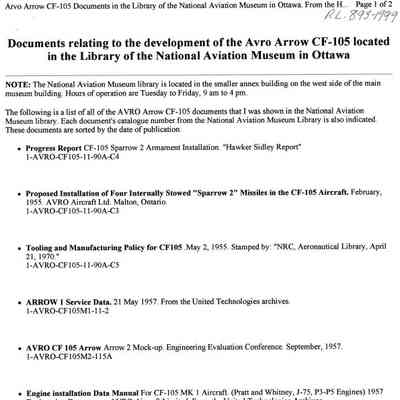 Documents relating to the development of the Avro Arrow located in the Library of the National Aviation Museum