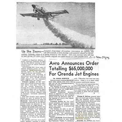 Avro announces order totalling $65,000,000 for Orenda jet engines / Up She Zooms - image of JATO CF-100
