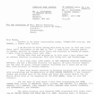 Letter from Les Wilkinson to Shiela Robinson