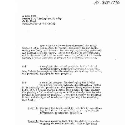 JCF letter to Lindley and Adey re: Developments of the CF-105