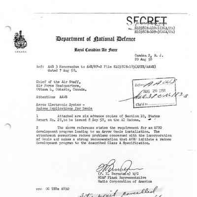 Letter to Chief of Air Staff RE: Arrow Electronic System - Radome Implications for Genie