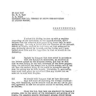 Letter to F.T. Smye Subject Complaint from D.L. Thompson on Avro's over-enthusiasm on Sparrow Program