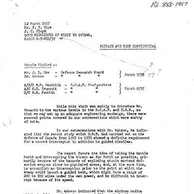 Letter J.C. Floyd to F.T. Smye - Some highlights of visit to Ottawa March 6-8/57