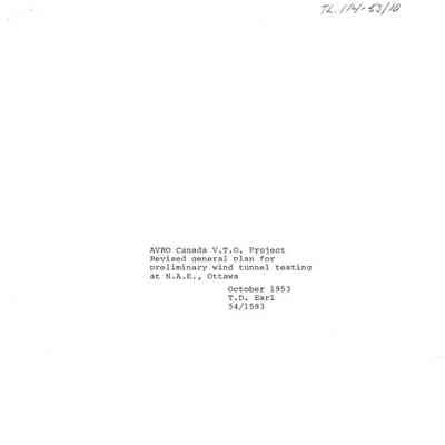 Avro Canada V.T.O. Project Revised General Plan for Wind Tunnel Testing at N.A.E. Ottawa