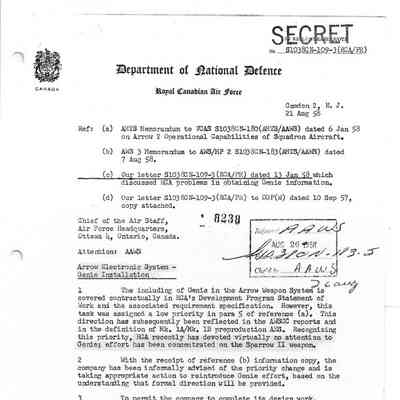 Letter to Chief of Air Staff - RE: Arrow Electronic System - Genie Installation
